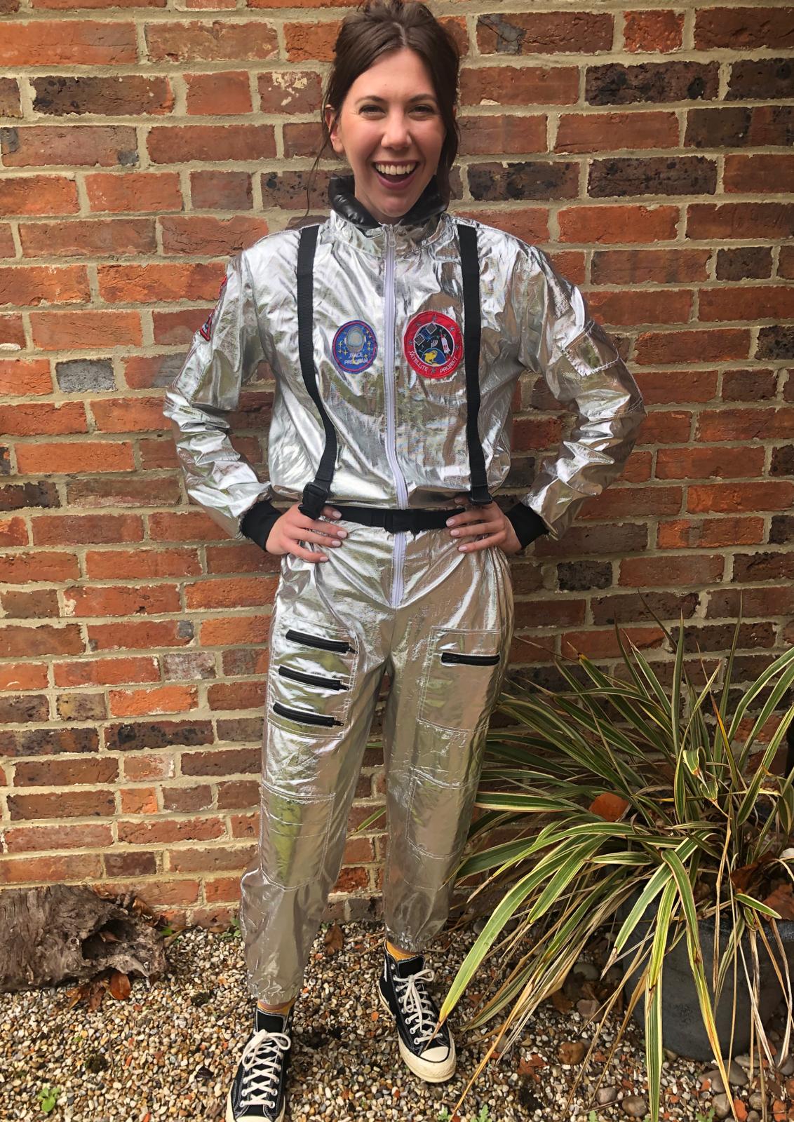 Anna in an astronaut costume, ready for a space adventure party